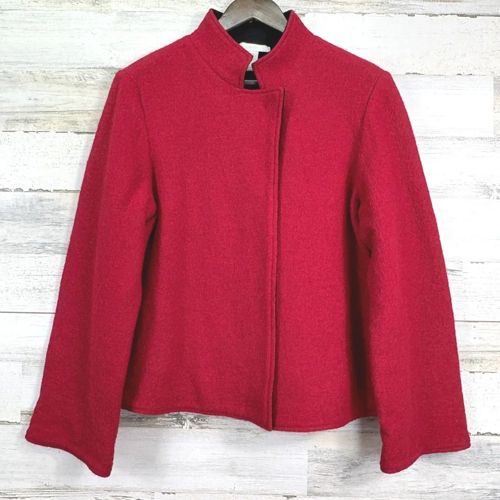 Chicos Red Black Reversible 100% Wool Mandarin Collar Jacket Blazer Sz 2/US 12‎